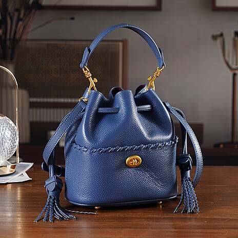 THE AURELLE - Designer Inspired 100% Genuine Premium Leather Crossbody Sinch Bag with Removable Top-Handle, Embedded Fabric Pouch And Gold-Tone Hardware - Dark Blue