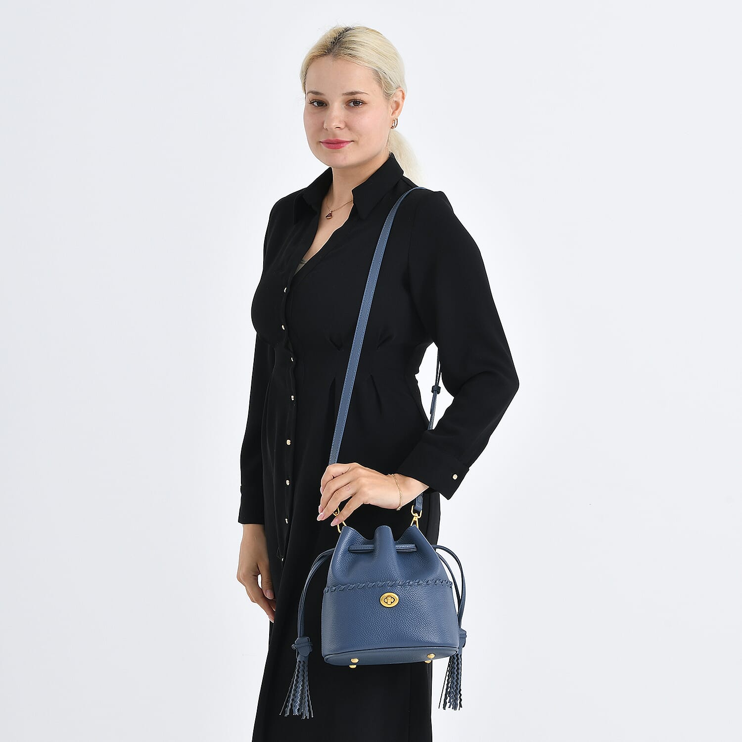 THE AURELLE - Designer Inspired 100% Genuine Premium Leather Crossbody Sinch Bag with Removable Top-Handle, Embedded Fabric Pouch And Gold-Tone Hardware - Dark Blue