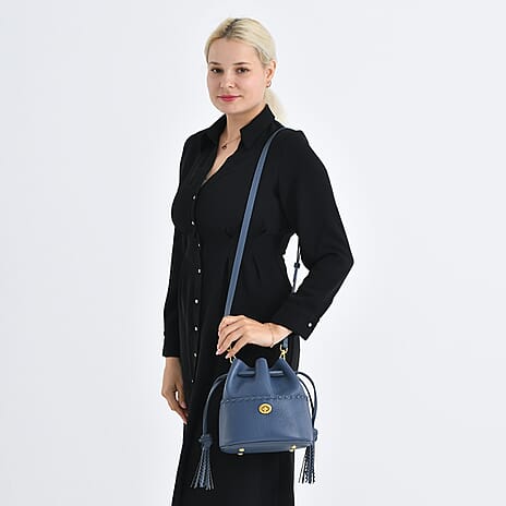 THE AURELLE - Designer Inspired 100% Genuine Premium Leather Crossbody Sinch Bag with Removable Top-Handle, Embedded Fabric Pouch And Gold-Tone Hardware - Dark Blue