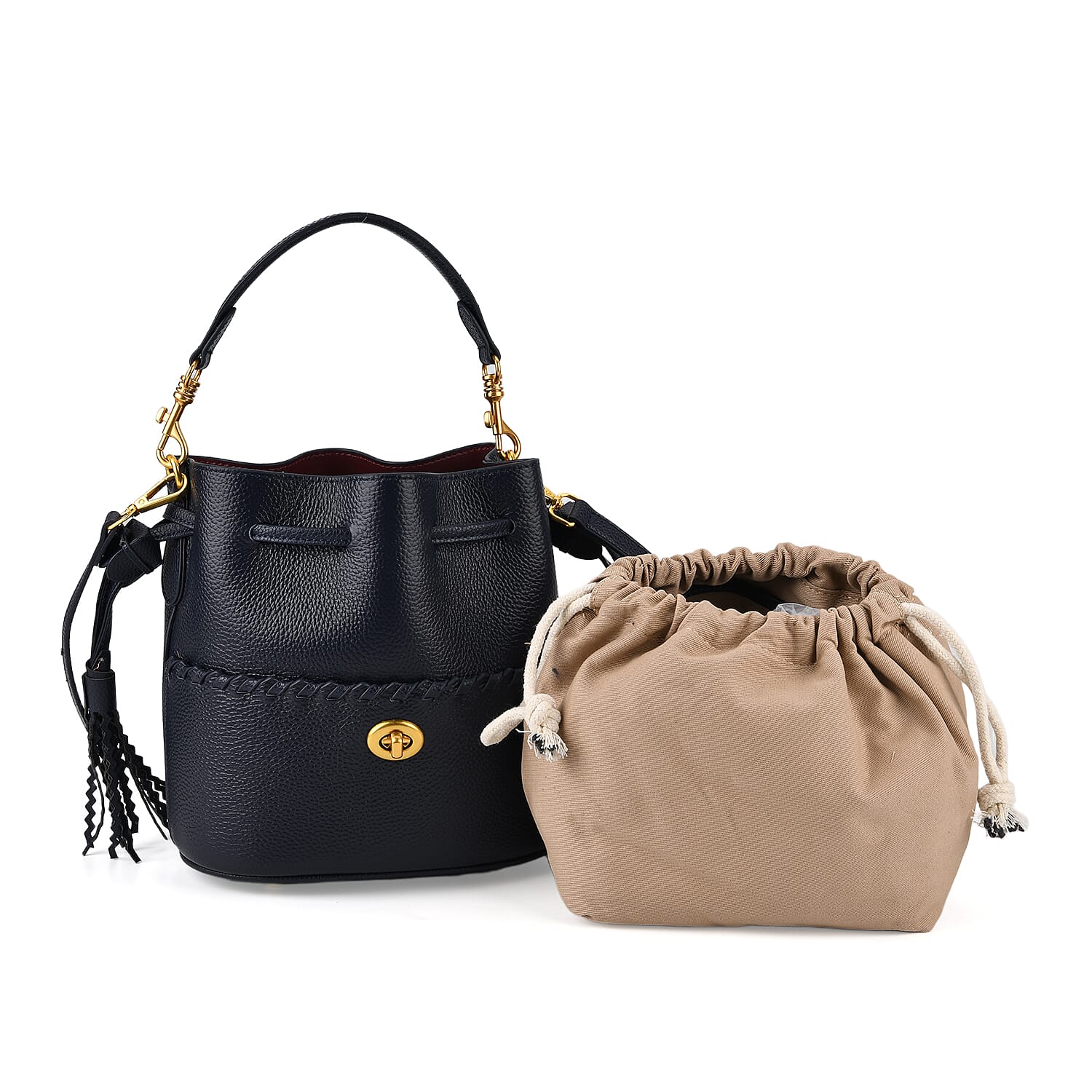 THE AURELLE - Designer Inspired 100% Genuine Leather Crossbody Sinch Bag with Removable Top-Handle, Embedded Fabric Pouch And Gold-Tone Hardware - Dark Navy