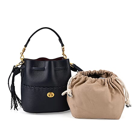 THE AURELLE - Designer Inspired 100% Genuine Leather Crossbody Sinch Bag with Removable Top-Handle, Embedded Fabric Pouch And Gold-Tone Hardware - Dark Navy