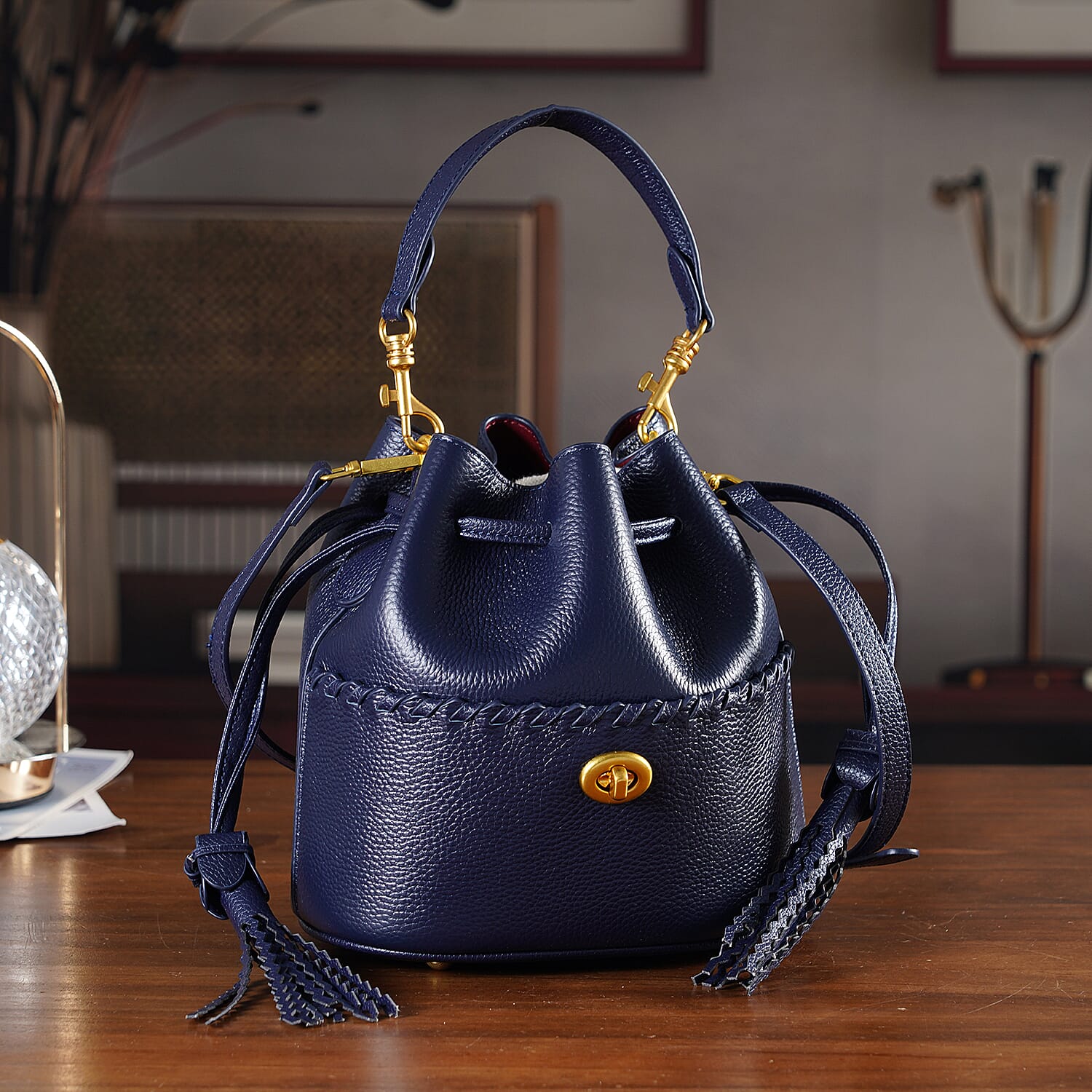 THE AURELLE - Designer Inspired 100% Genuine Leather Crossbody Sinch Bag with Removable Top-Handle, Embedded Fabric Pouch And Gold-Tone Hardware - Dark Navy