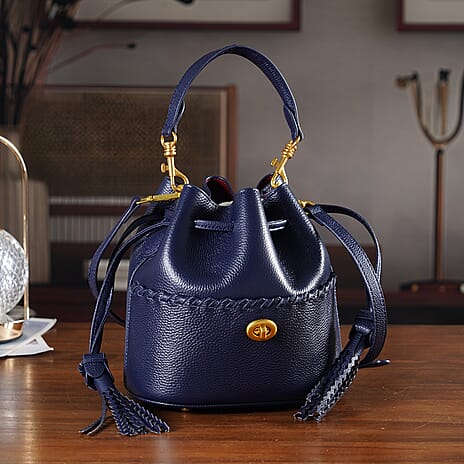 Designer Inspired Genuine Leather Fringe Crossbody Bucket Bag with Removable Top-Handle, Embedded Fabric Pouch And Gold-Tone Hardware (Size - One Size) - Navy