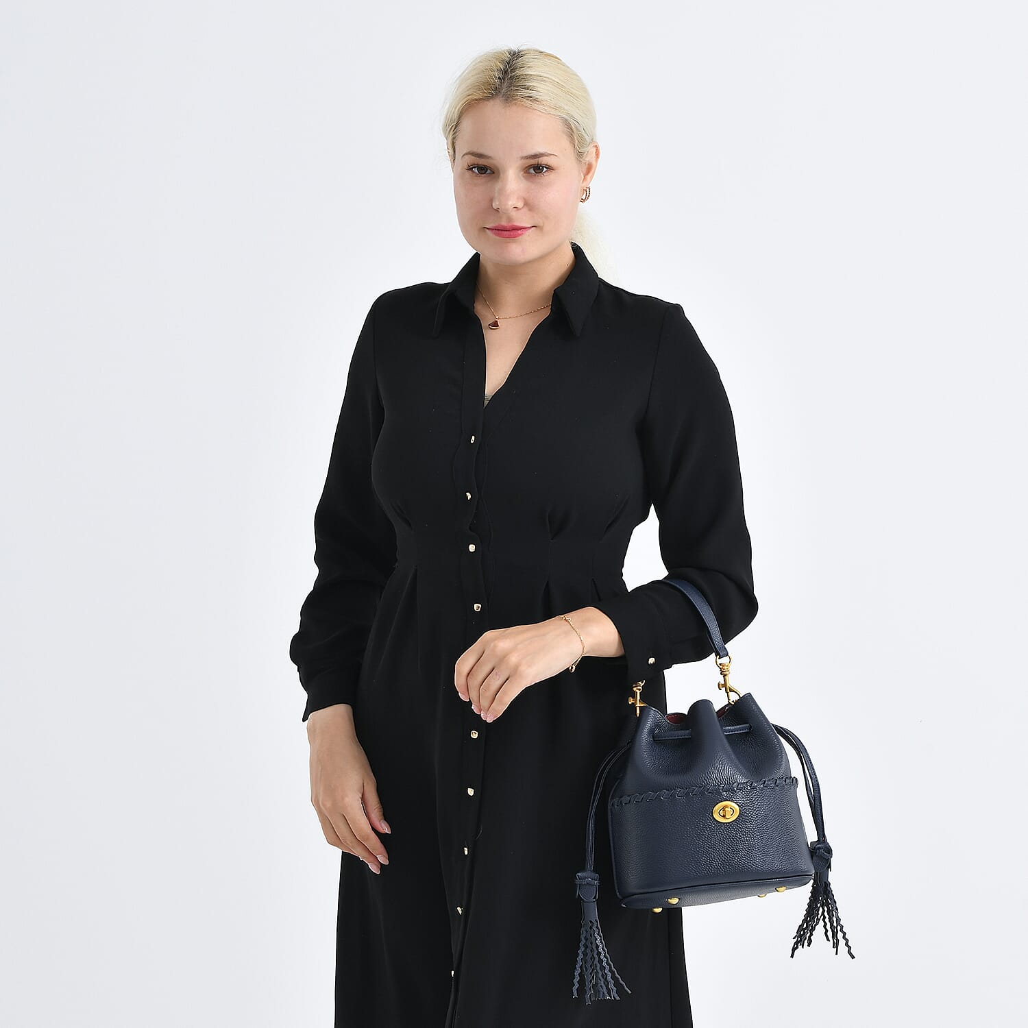 THE AURELLE - Designer Inspired 100% Genuine Leather Crossbody Sinch Bag with Removable Top-Handle, Embedded Fabric Pouch And Gold-Tone Hardware - Dark Navy