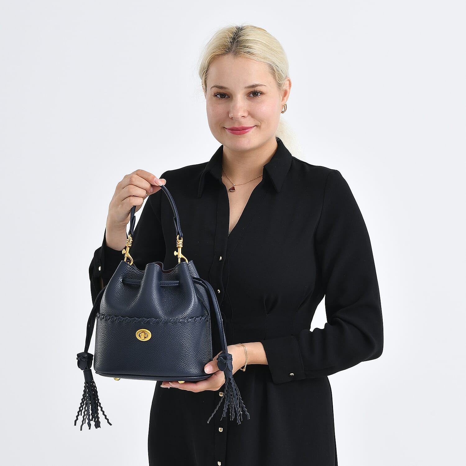 THE AURELLE - Designer Inspired 100% Genuine Leather Crossbody Sinch Bag with Removable Top-Handle, Embedded Fabric Pouch And Gold-Tone Hardware - Dark Navy