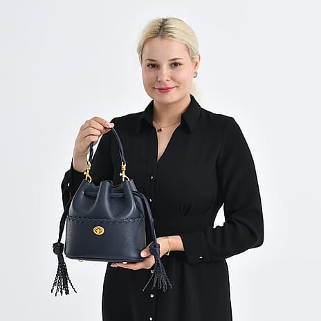 Designer Inspired Genuine Leather Fringe Crossbody Bucket Bag with Removable Top-Handle, Embedded Fabric Pouch And Gold-Tone Hardware (Size - One Size) - Navy