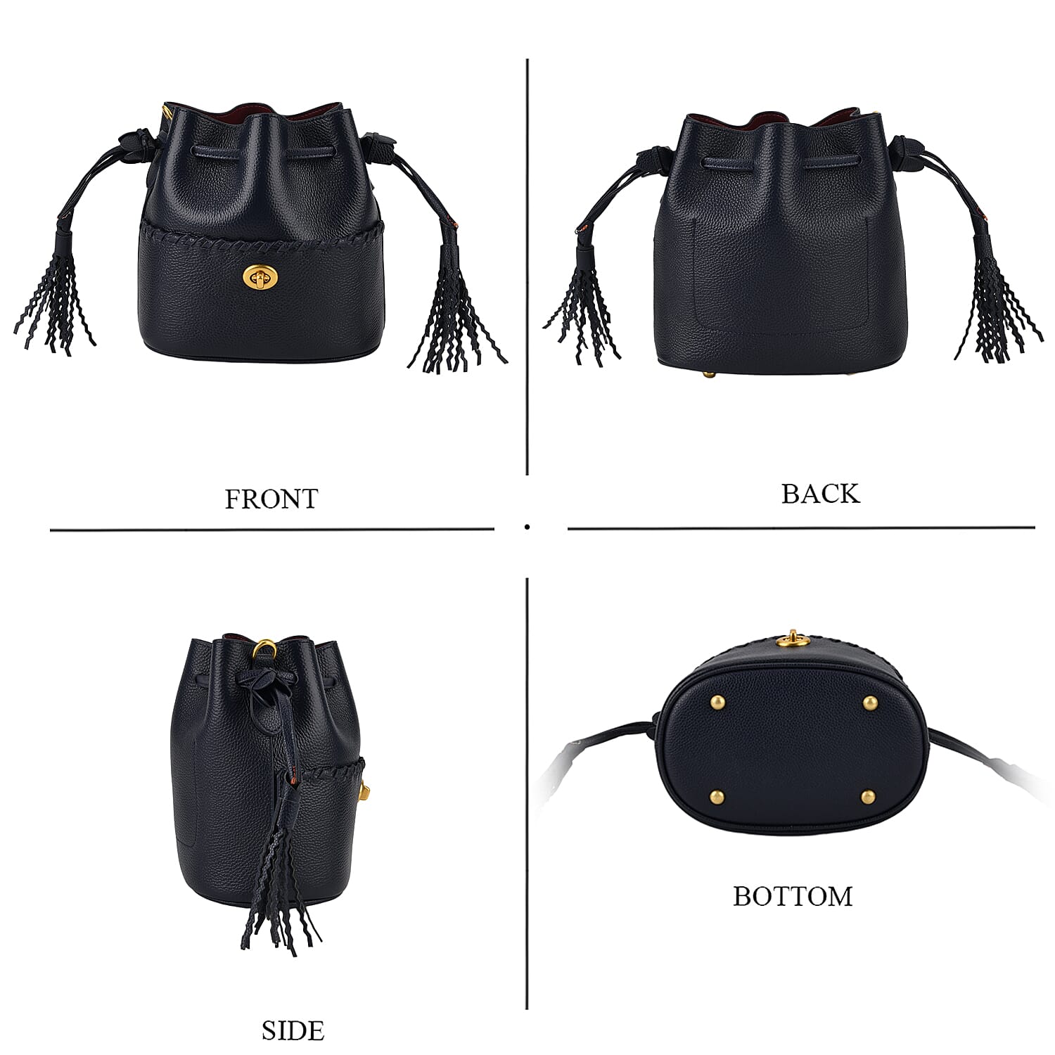 THE AURELLE - Designer Inspired 100% Genuine Leather Crossbody Sinch Bag with Removable Top-Handle, Embedded Fabric Pouch And Gold-Tone Hardware - Dark Navy