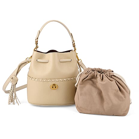 THE AURELLE - Designer Inspired 100%  Genuine Leather Crossbody Sinch Bag with Removable Top-Handle, Embedded Fabric Pouch And Gold-Tone Hardware - Beige