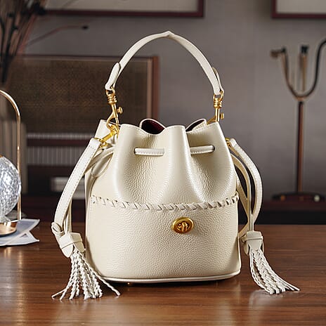 THE AURELLE - Designer Inspired 100%  Genuine Leather Crossbody Sinch Bag with Removable Top-Handle, Embedded Fabric Pouch And Gold-Tone Hardware - Beige