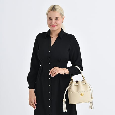 THE AURELLE - Designer Inspired 100%  Genuine Leather Crossbody Sinch Bag with Removable Top-Handle, Embedded Fabric Pouch And Gold-Tone Hardware - Beige