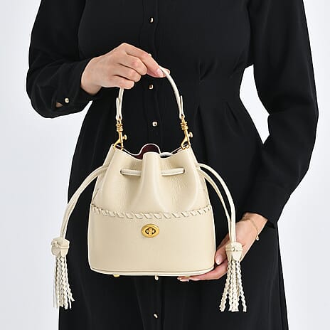 THE AURELLE - Designer Inspired 100%  Genuine Leather Crossbody Sinch Bag with Removable Top-Handle, Embedded Fabric Pouch And Gold-Tone Hardware - Beige