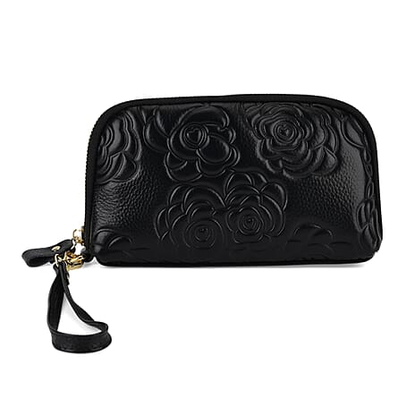 GALA CLOSEOUT LAUNCH - 100% Genuine Leather Floral Embossed Wristlet Clutch Bag - Black