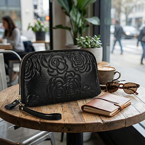 GALA CLOSEOUT LAUNCH - 100% Genuine Leather Floral Embossed Wristlet Clutch Bag - Black