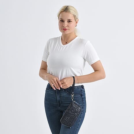 GALA CLOSEOUT LAUNCH - 100% Genuine Leather Floral Embossed Wristlet Clutch Bag - Black