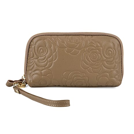 Genuine Leather Floral Embossed Crossbody Bag - Khaki