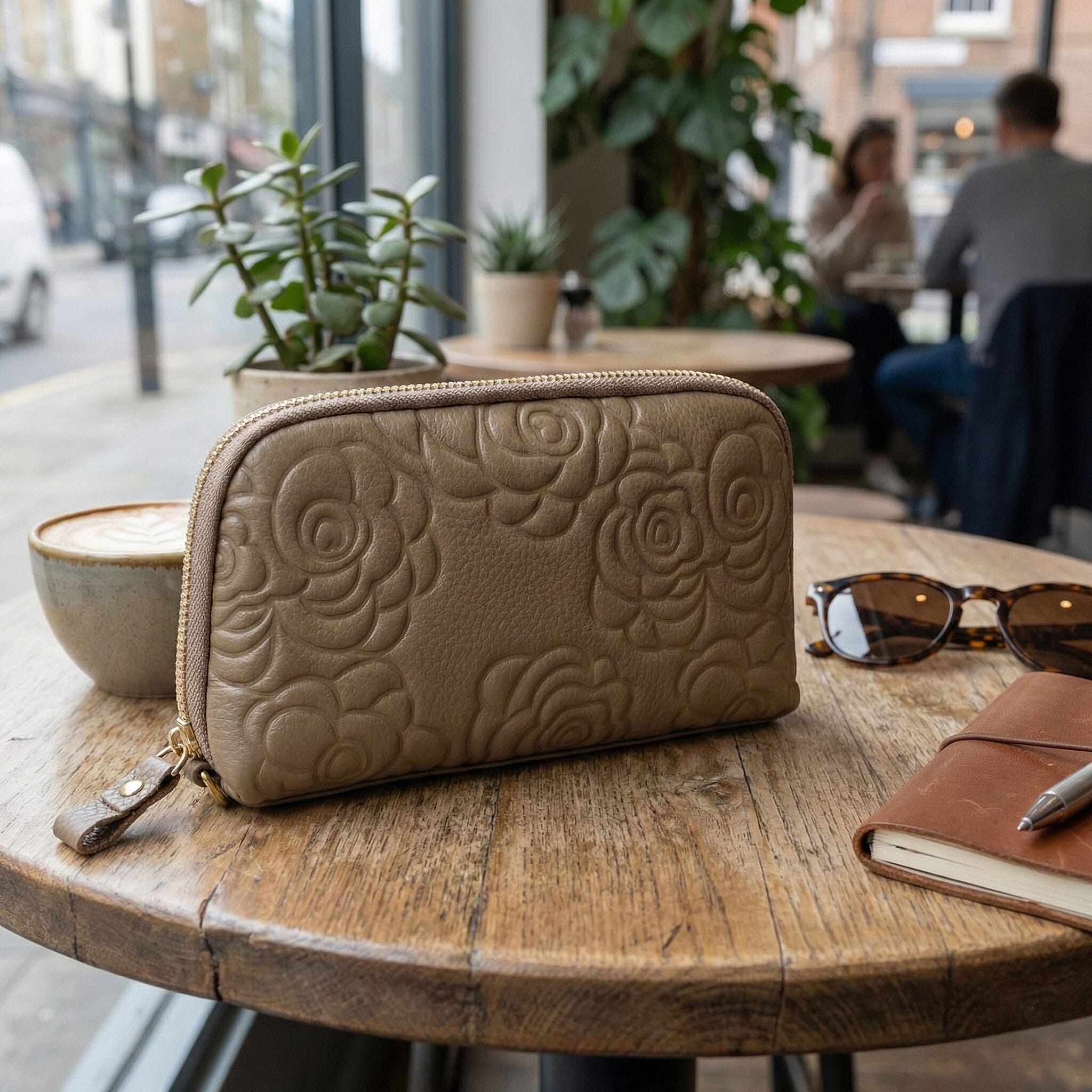 Genuine Leather Floral Embossed Wristlet Clutch Bag - Khaki