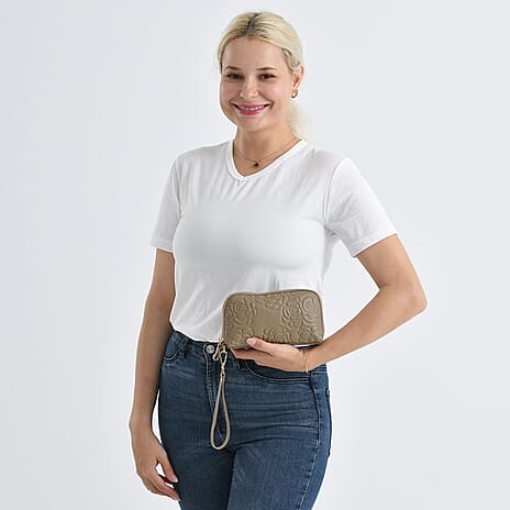 Genuine Leather Floral Embossed Crossbody Bag - Khaki