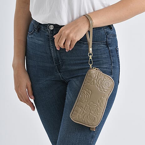 Genuine Leather Floral Embossed Crossbody Bag - Khaki