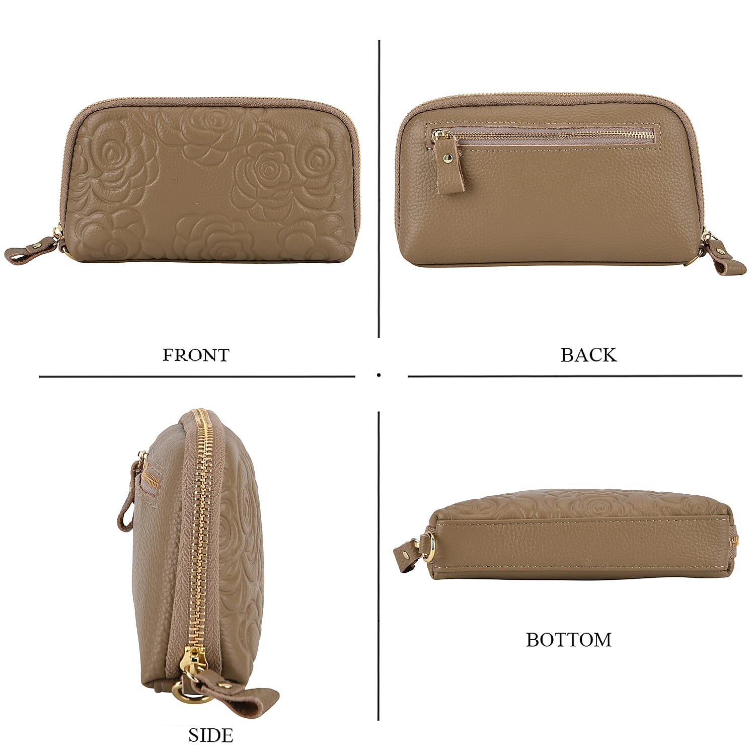 Genuine Leather Floral Embossed Wristlet Clutch Bag - Khaki