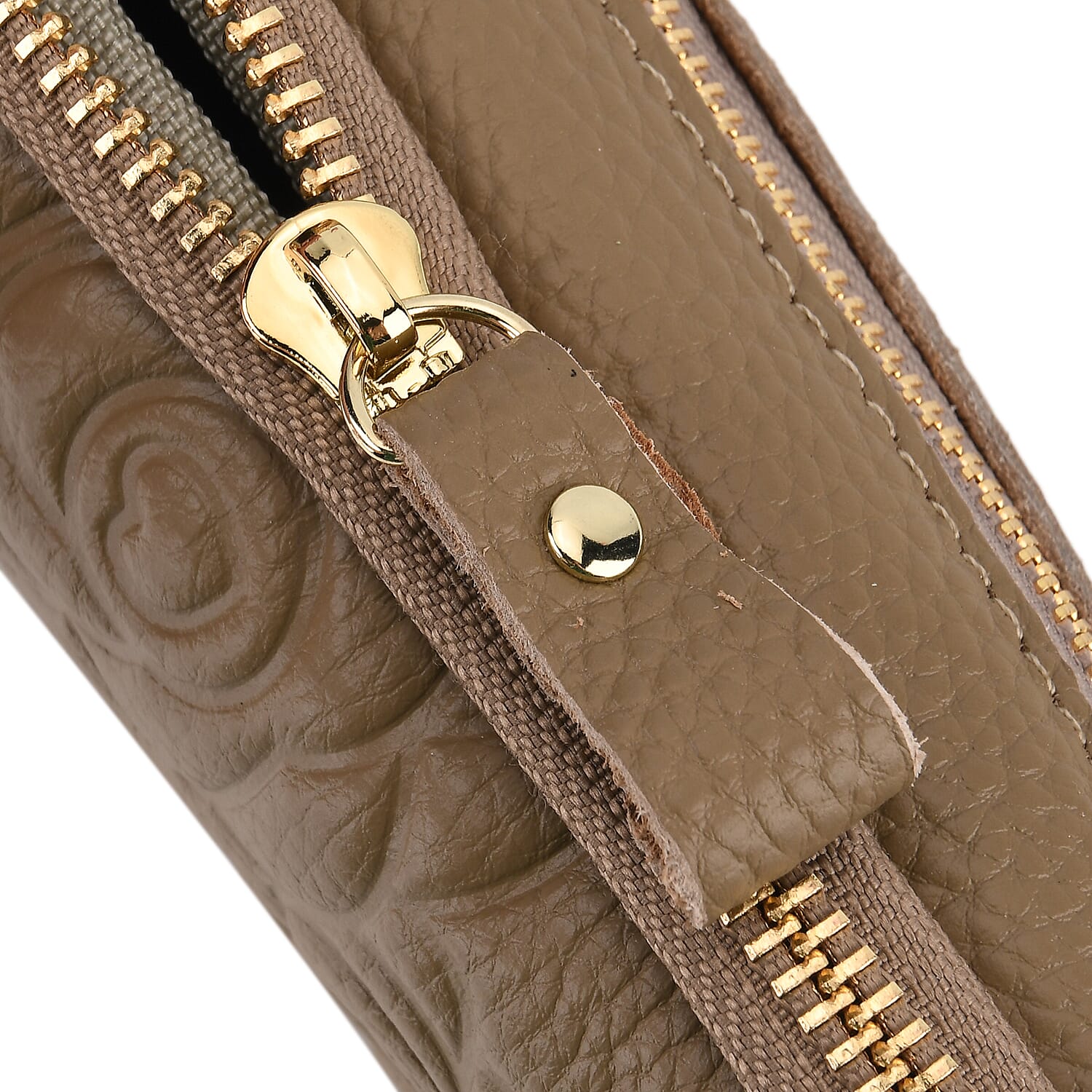Genuine Leather Floral Embossed Wristlet Clutch Bag - Khaki