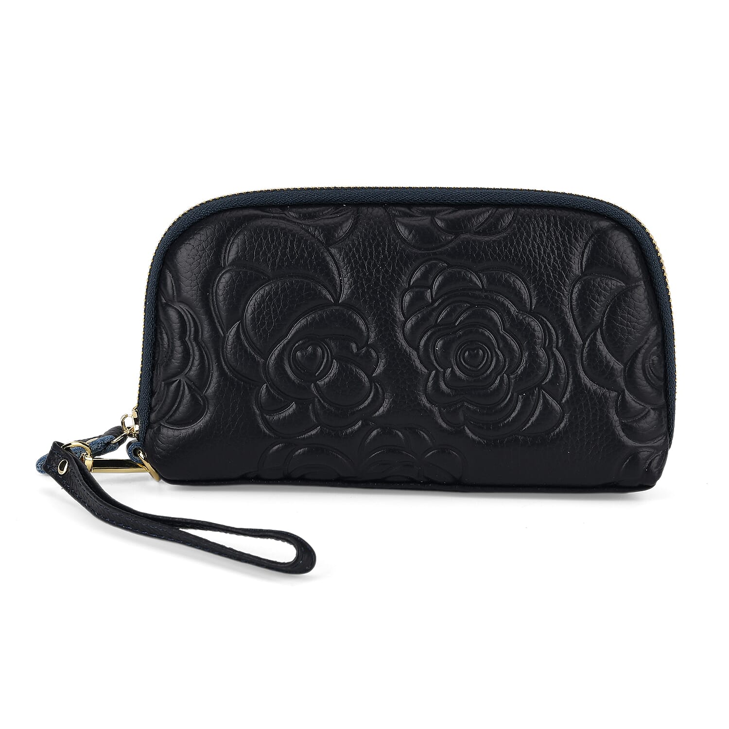 Genuine Leather Floral Embossed Wristlet Clutch Bag - Navy