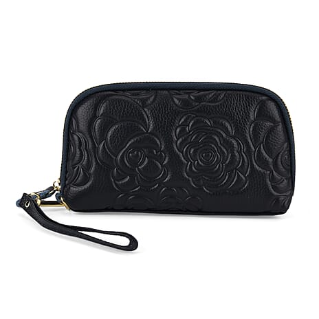 Genuine Leather Floral Embossed Wristlet Clutch Bag - Navy