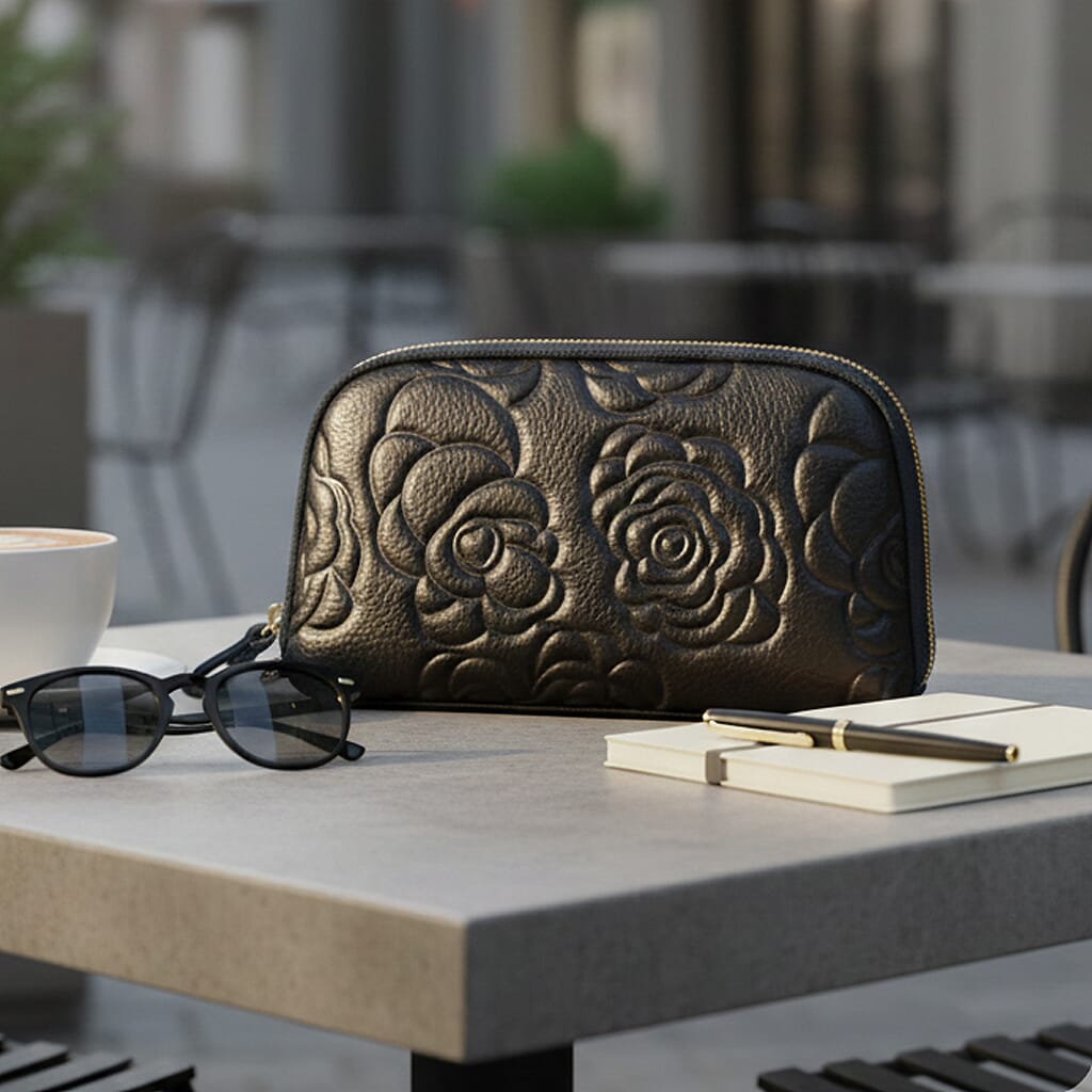 Genuine Leather Floral Embossed Wristlet Clutch Bag - Navy