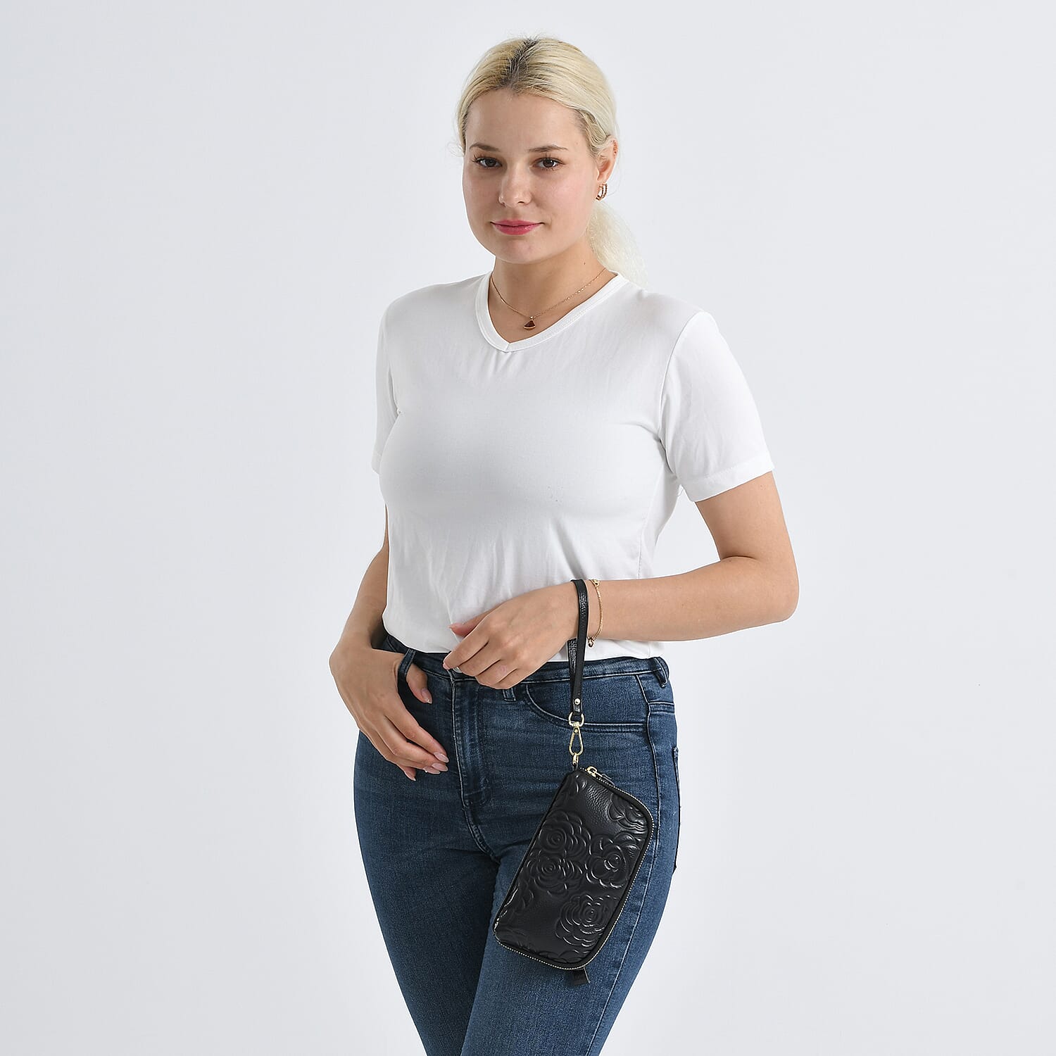 Genuine Leather Floral Embossed Wristlet Clutch Bag - Navy