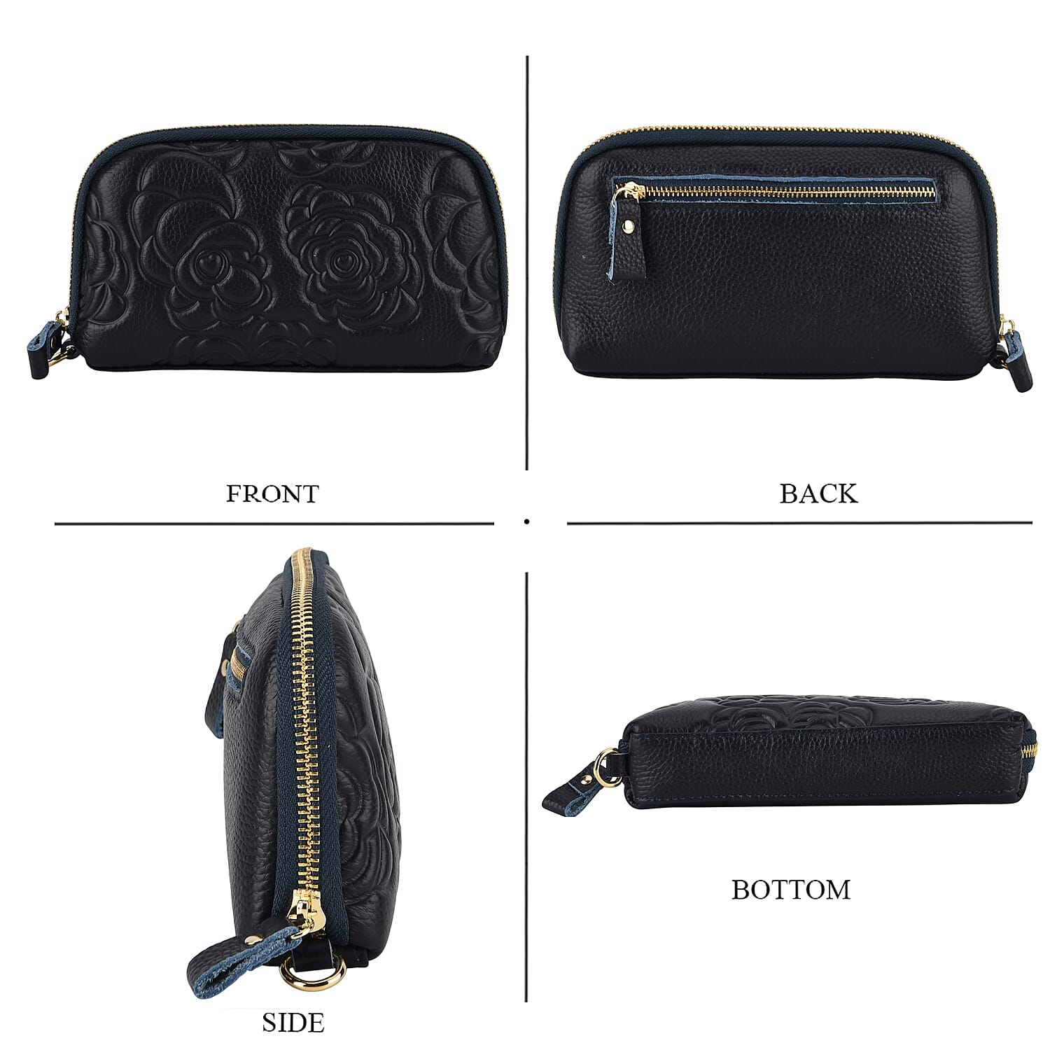 Genuine Leather Floral Embossed Wristlet Clutch Bag - Navy