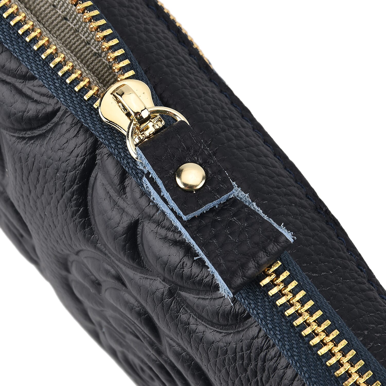 Genuine Leather Floral Embossed Wristlet Clutch Bag - Navy