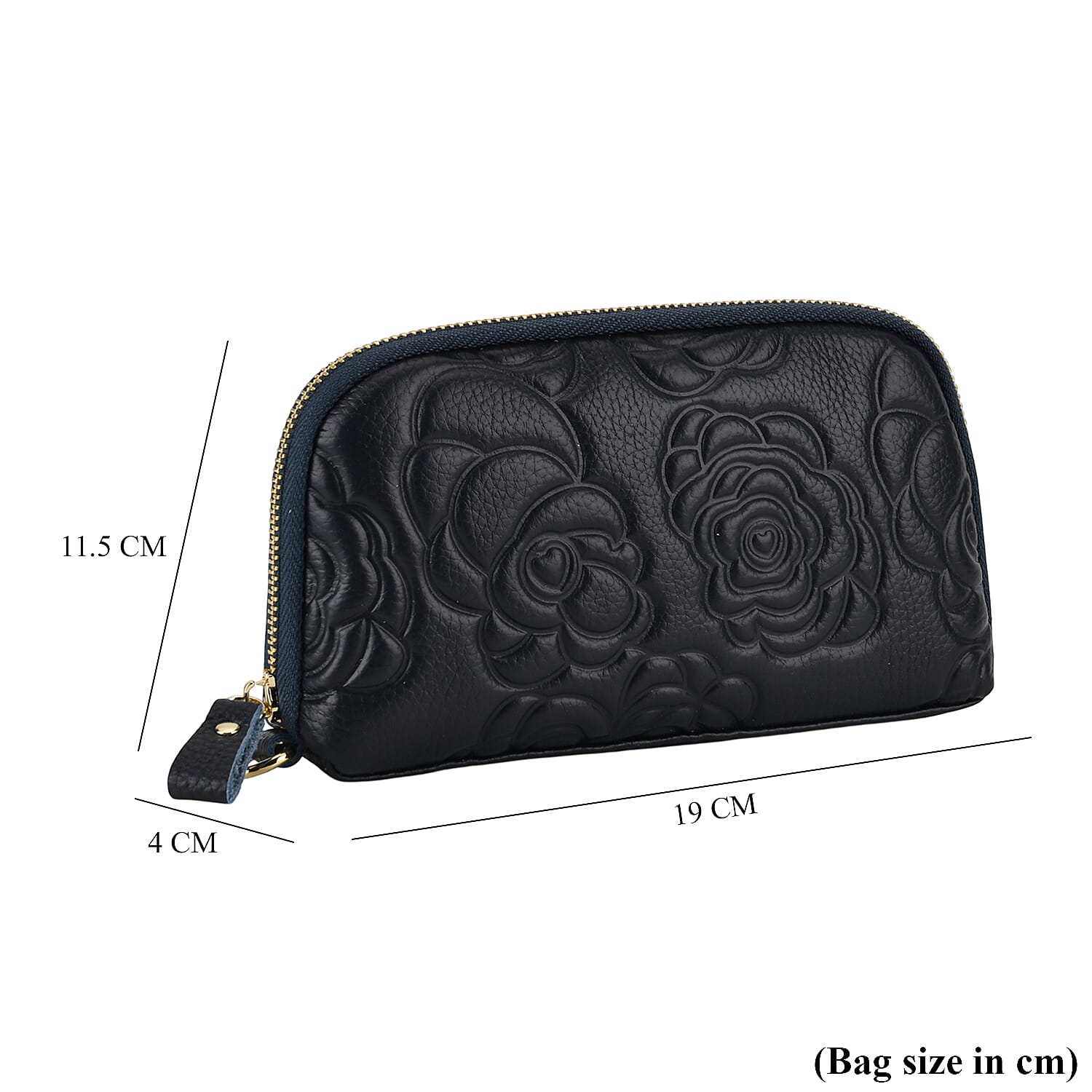 Genuine Leather Floral Embossed Wristlet Clutch Bag - Navy