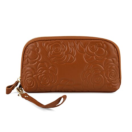 Genuine Leather Floral Embossed Crossbody Bag - Brown
