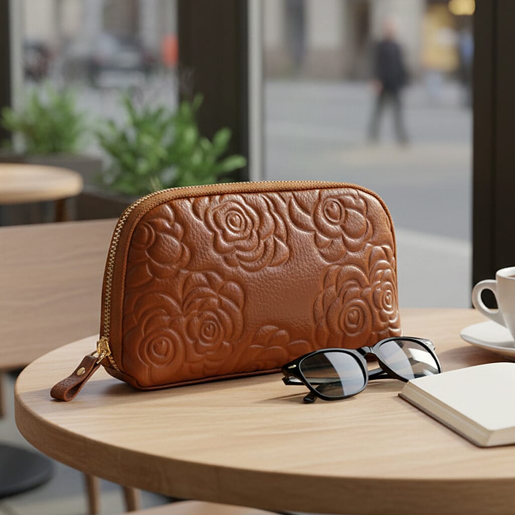 Genuine Leather Floral Embossed Wristlet Clutch Bag - Brown