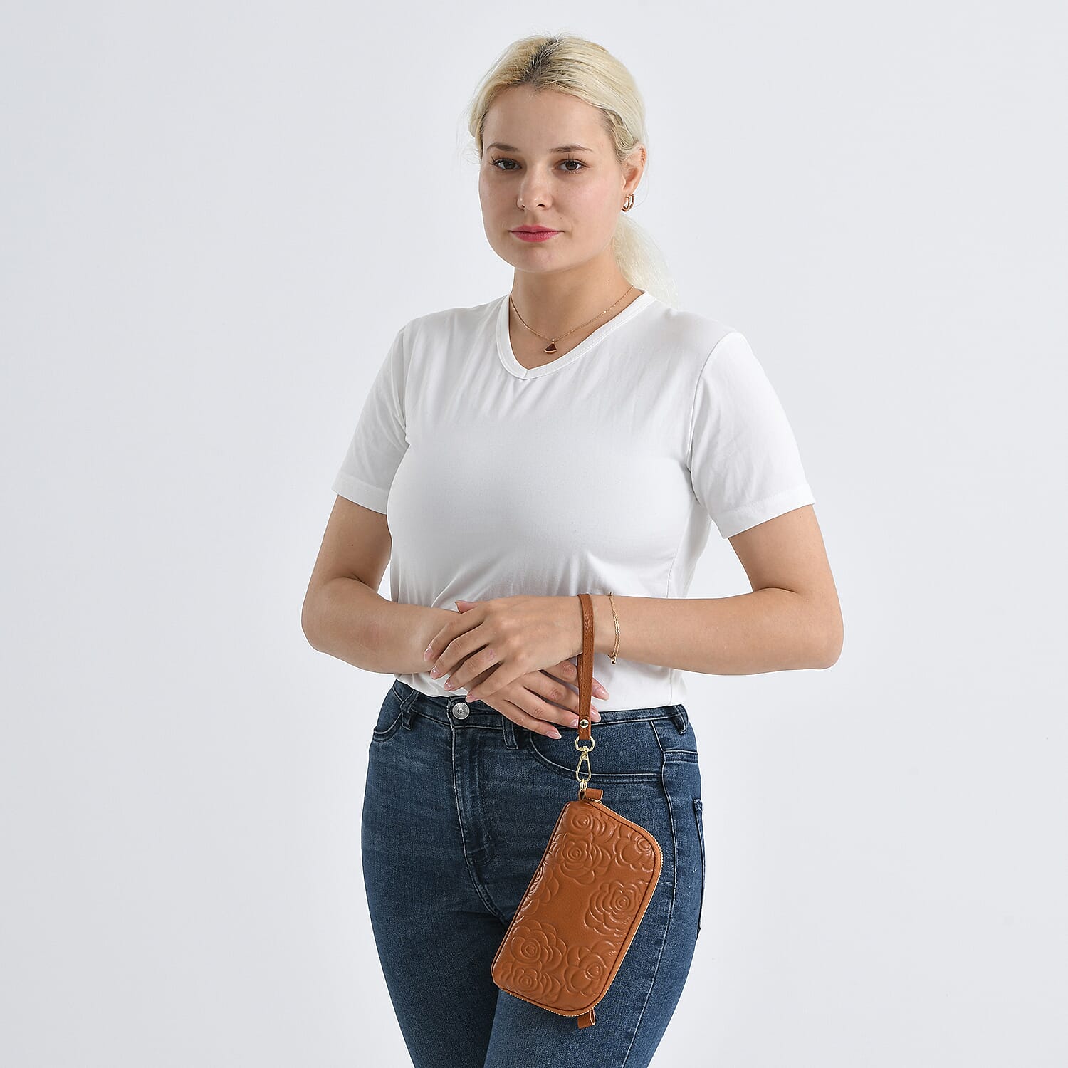 Genuine Leather Floral Embossed Wristlet Clutch Bag - Brown