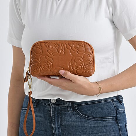 Genuine Leather Floral Embossed Crossbody Bag - Brown