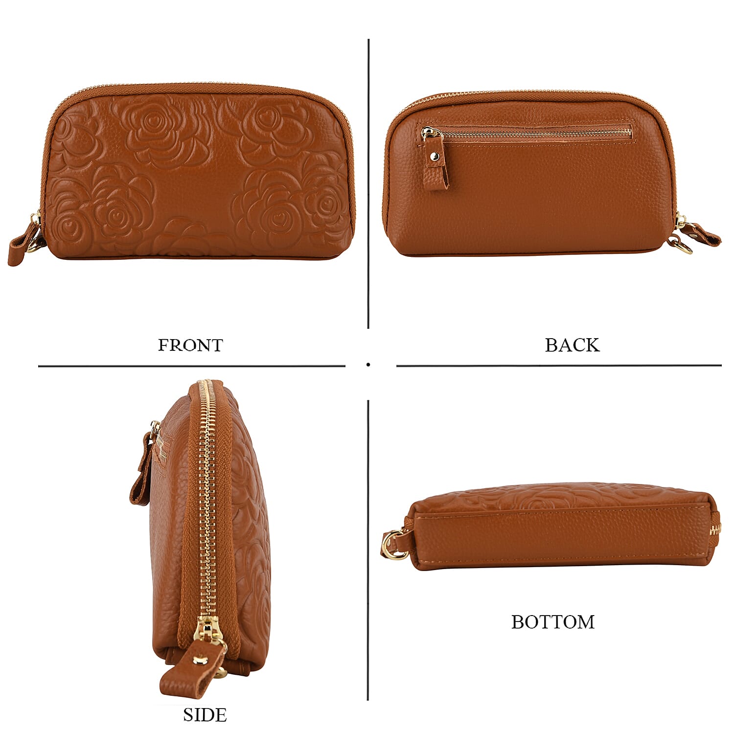 Genuine Leather Floral Embossed Wristlet Clutch Bag - Brown