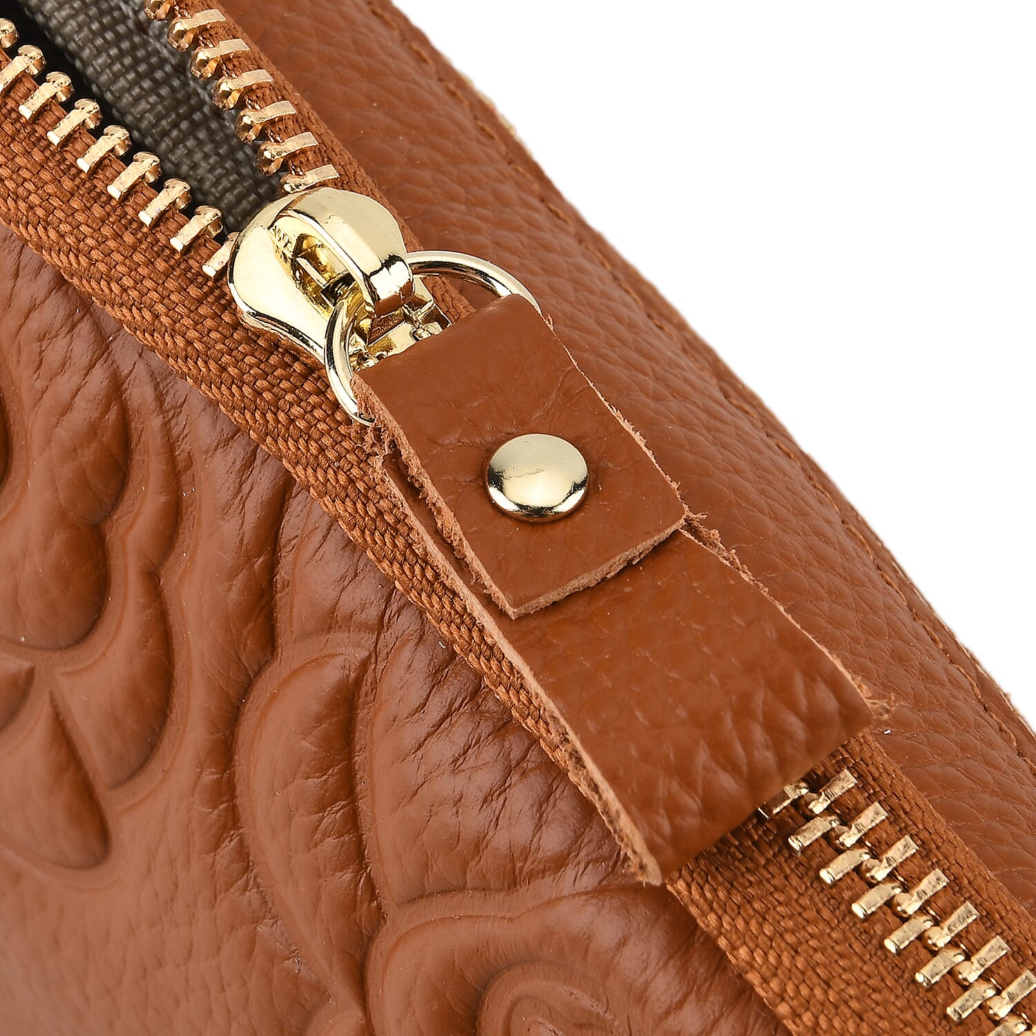 Genuine Leather Floral Embossed Wristlet Clutch Bag - Brown