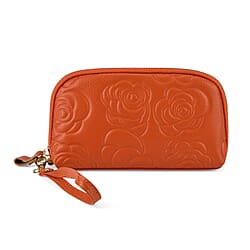 Genuine Leather Floral Embossed Wristlet Clutch Bag - Brown