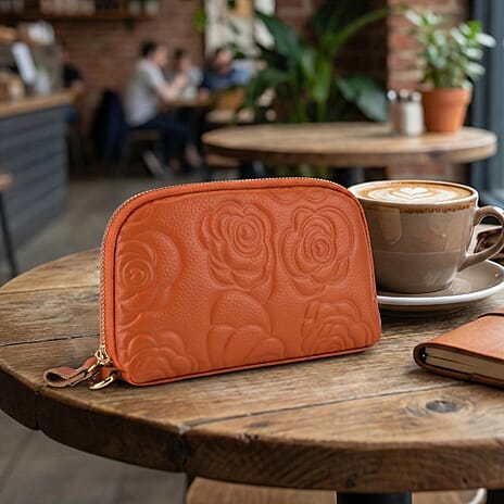Genuine Leather Floral Embossed Crossbody Bag - Orange