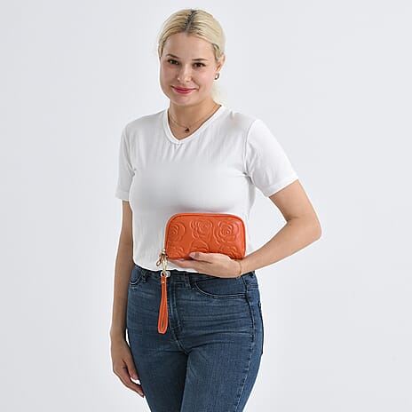 Genuine Leather Floral Embossed Crossbody Bag - Orange