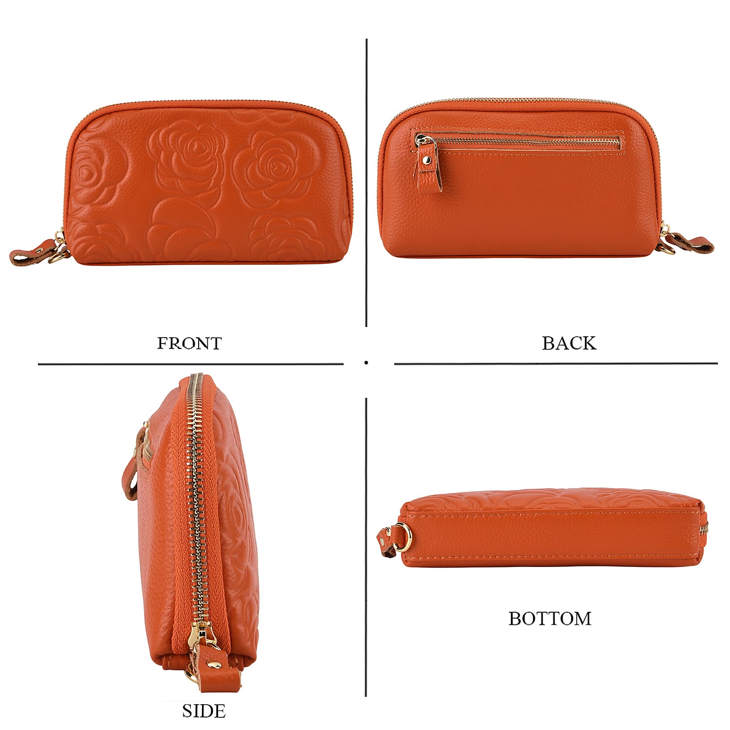 Genuine Leather Floral Embossed Wristlet Clutch Bag - Orange