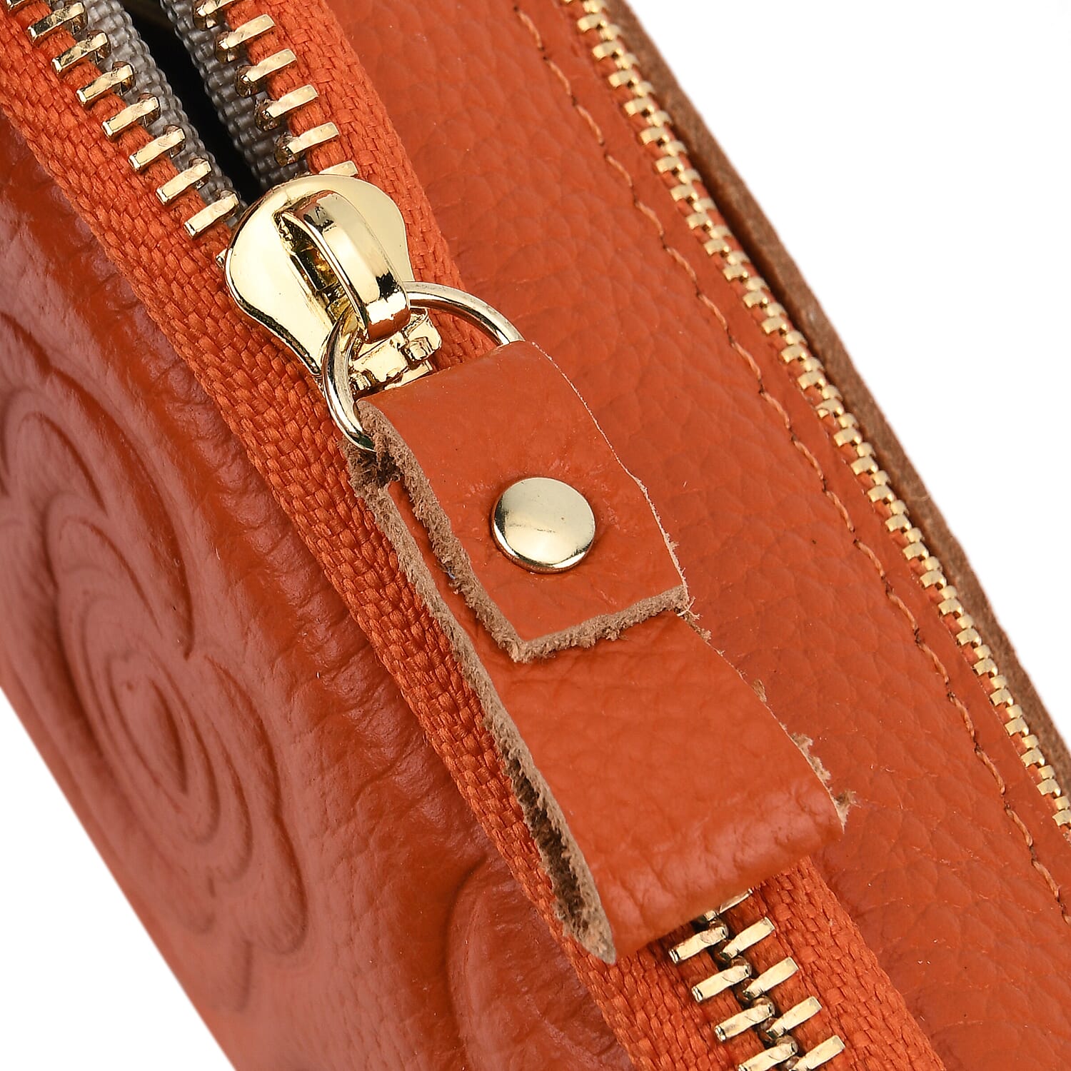 Genuine Leather Floral Embossed Wristlet Clutch Bag - Orange