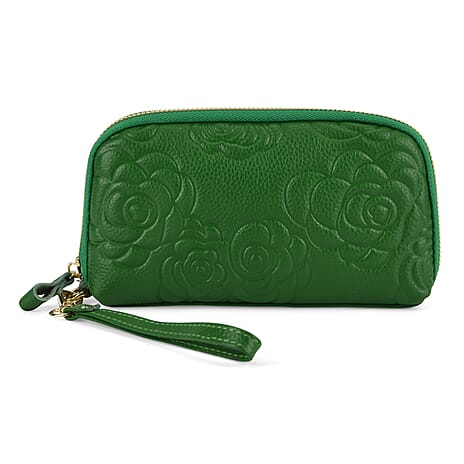 Genuine Leather Floral Embossed Crossbody Bag - Green