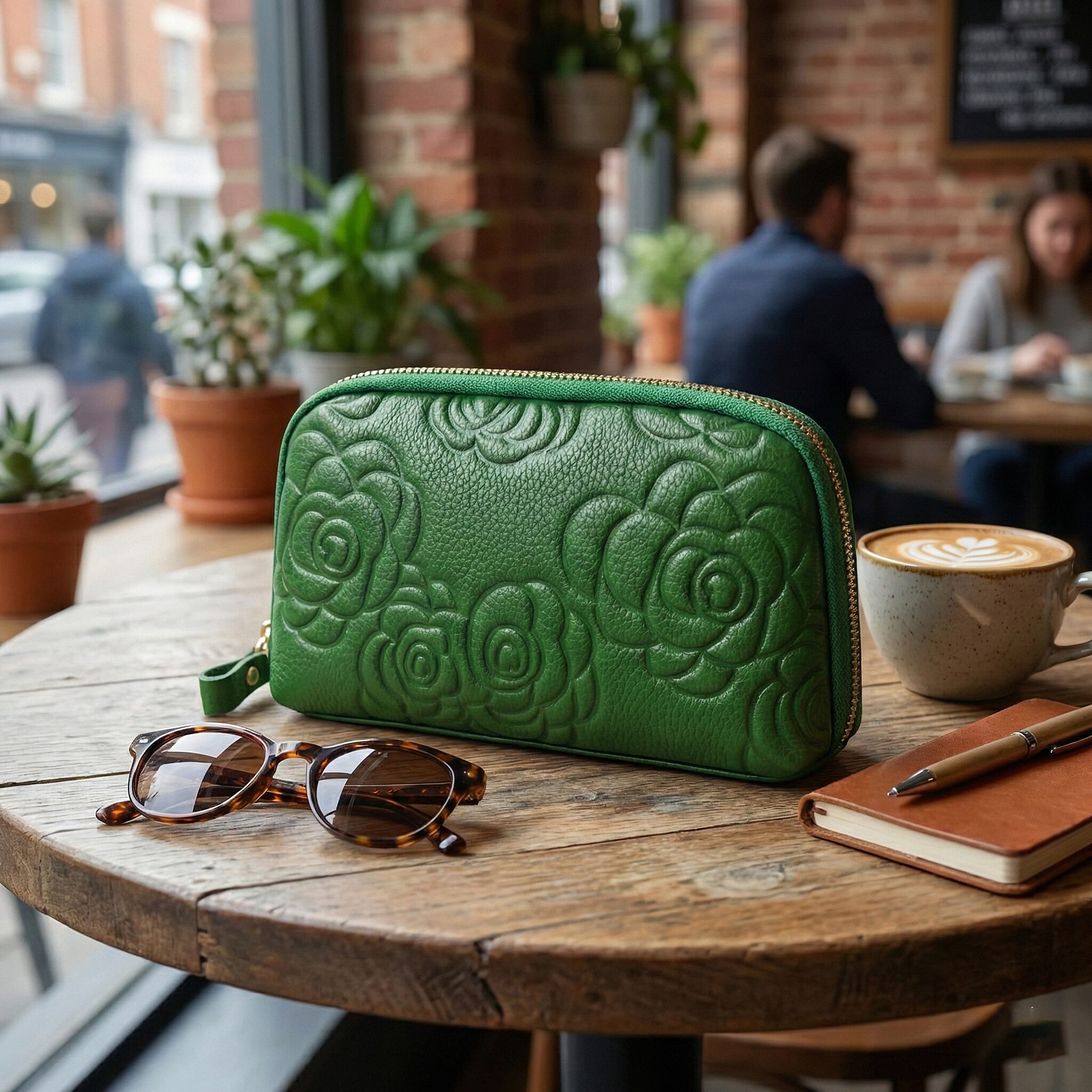 Genuine Leather Floral Embossed Wristlet Clutch Bag - Green