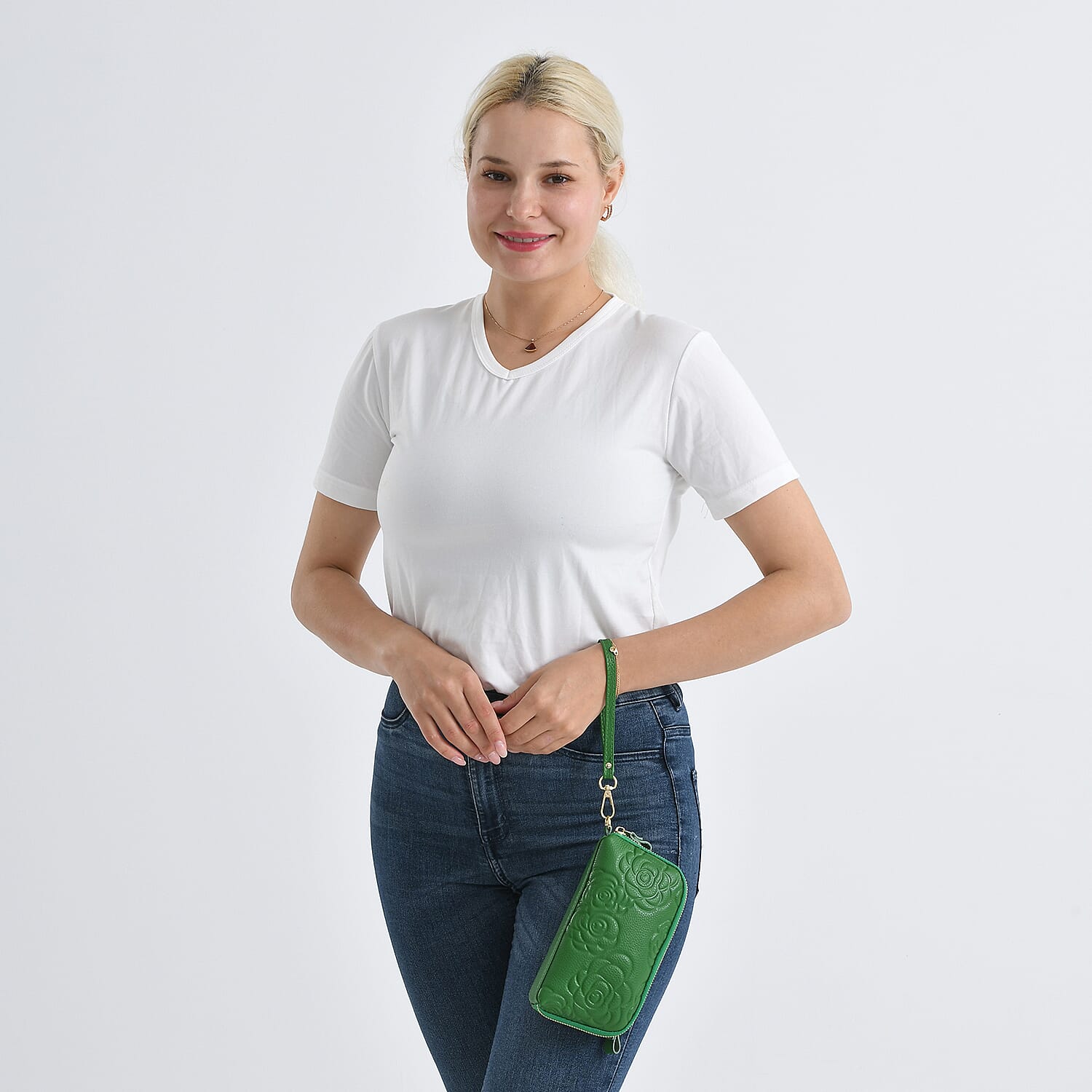 Genuine Leather Floral Embossed Wristlet Clutch Bag - Green