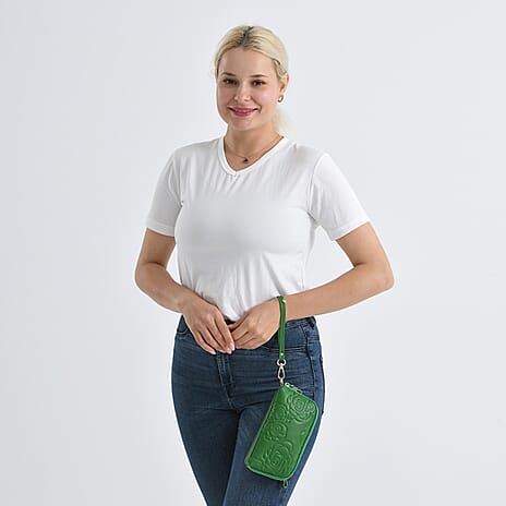 Genuine Leather Floral Embossed Crossbody Bag - Green