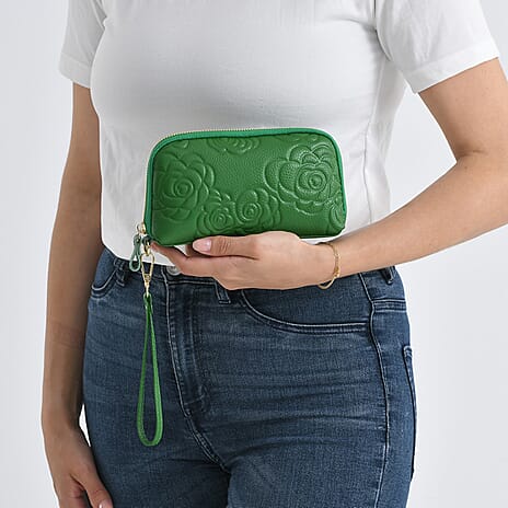Genuine Leather Floral Embossed Crossbody Bag - Green