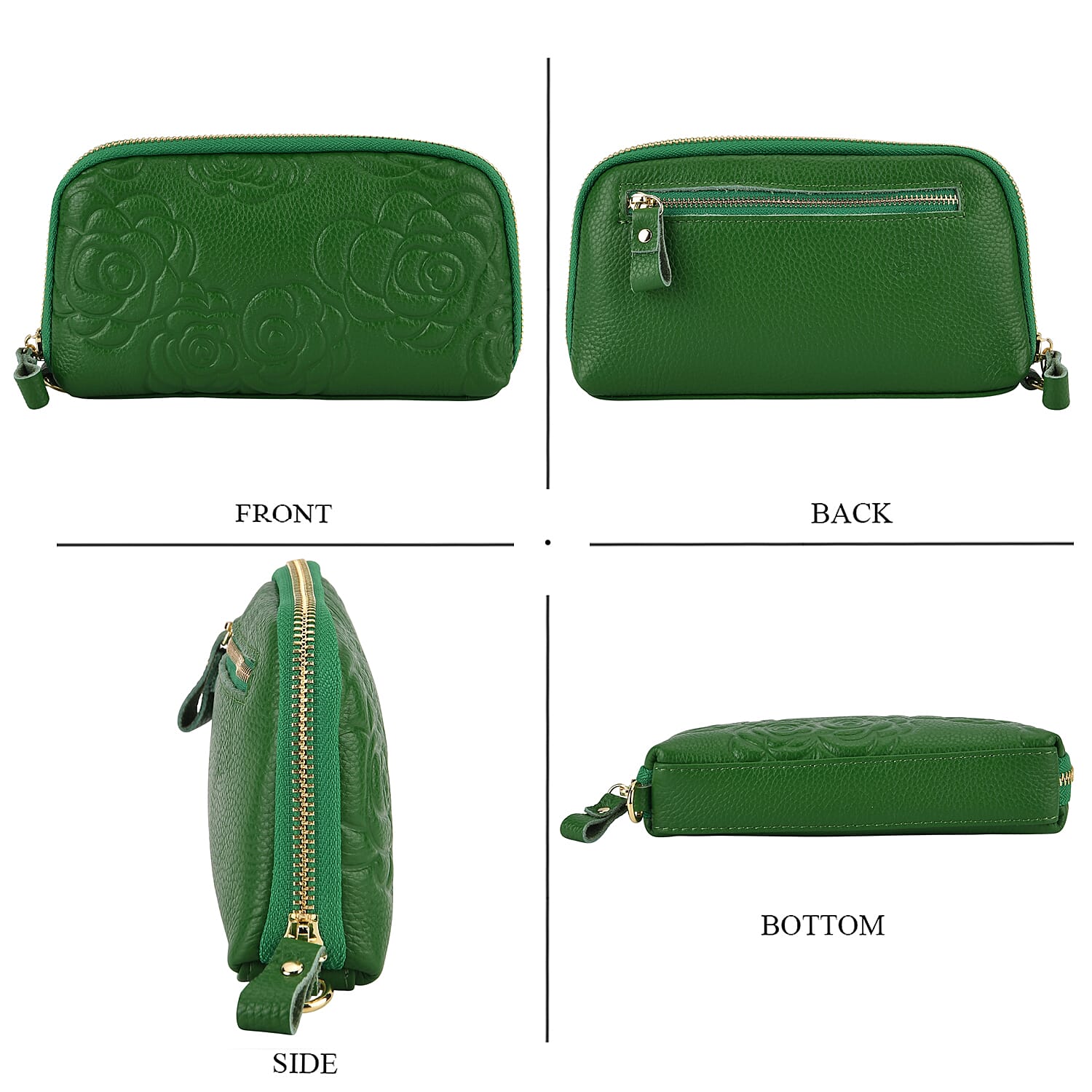 Genuine Leather Floral Embossed Wristlet Clutch Bag - Green