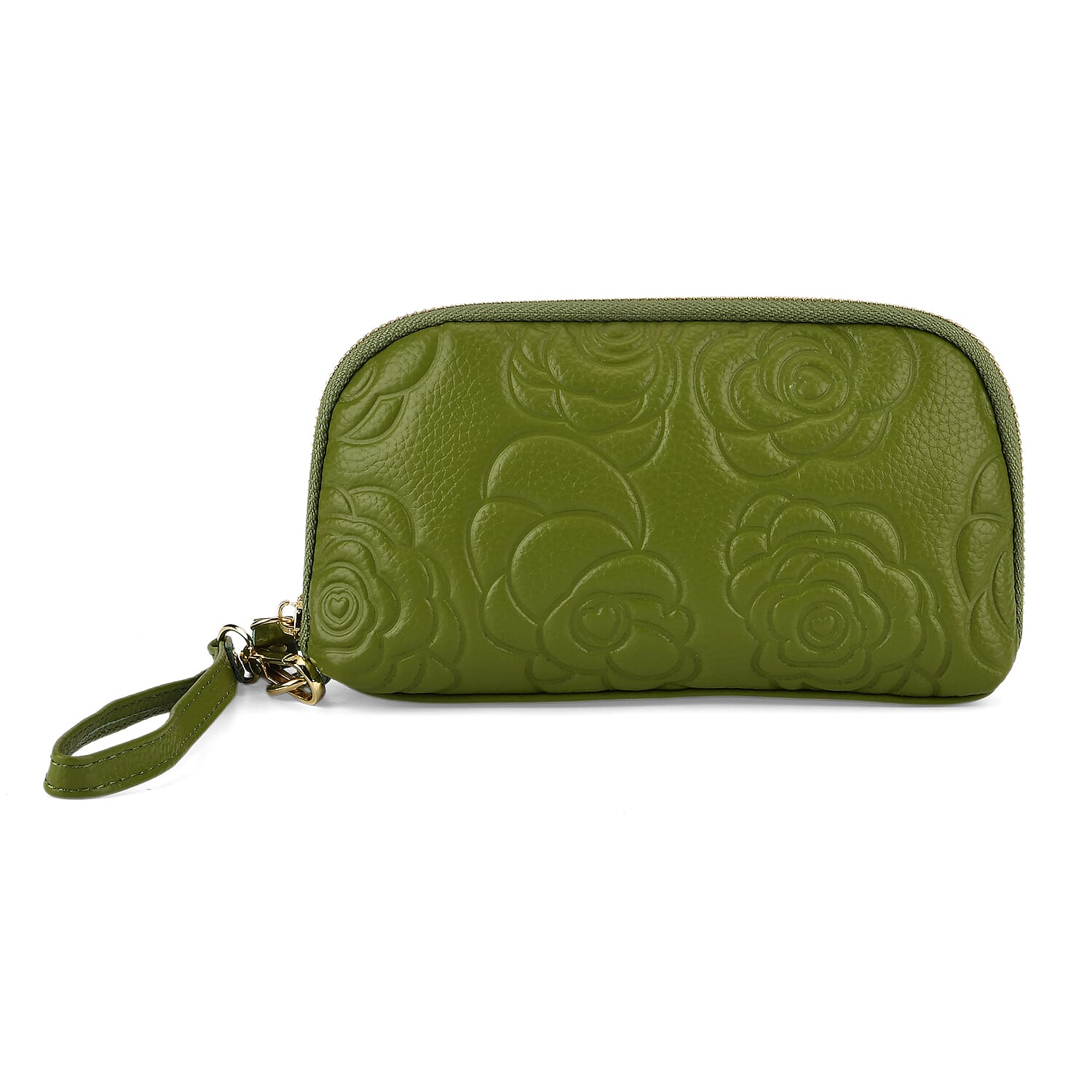 Genuine Leather Floral Embossed Wristlet Clutch Bag - Olive