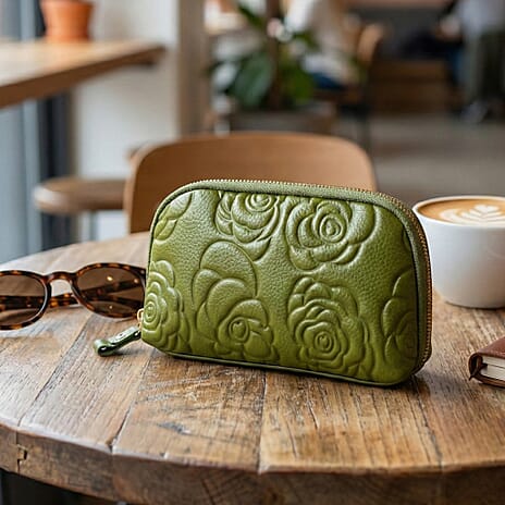 Genuine Leather Floral Embossed Crossbody Bag - Olive
